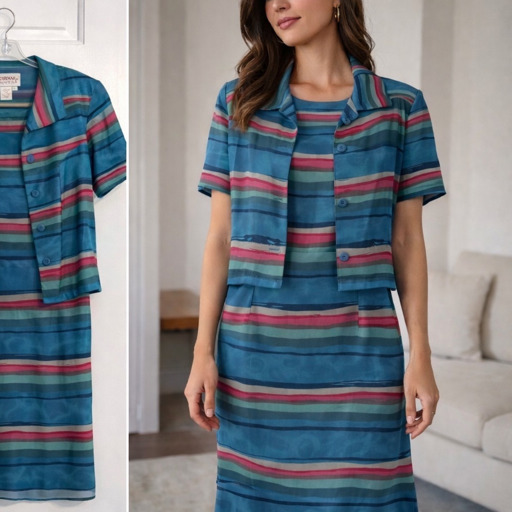 Vintage Adrianna Papell Silk 2 Piece Dress Set Size 8 Striped Jacket Dress Teal